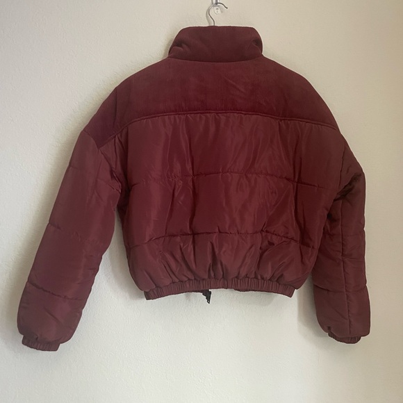 Corduroy Full Zip Puffer Jacket in Burgandy - Picture 3 of 7